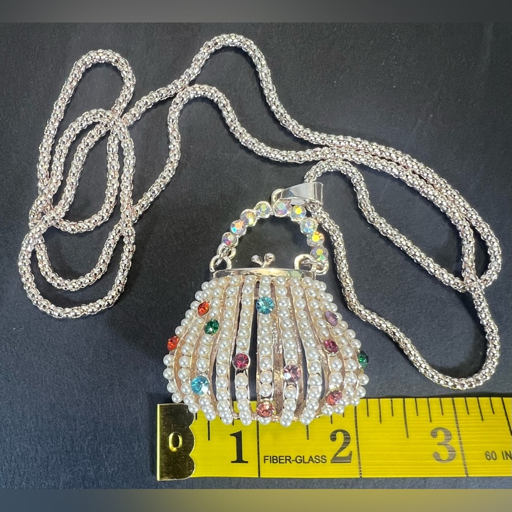 New Faux Pearl & Multicolor Rhinestone Evening Bag Necklace in Rose Gold - Picture 11 of 11